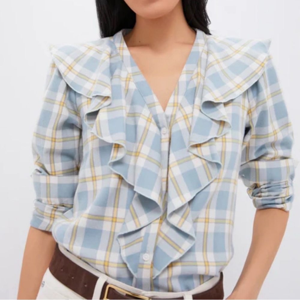Tuckernuck Blue Plaid Button Down Shirt Ruffle Blouse NWT medium New with tags